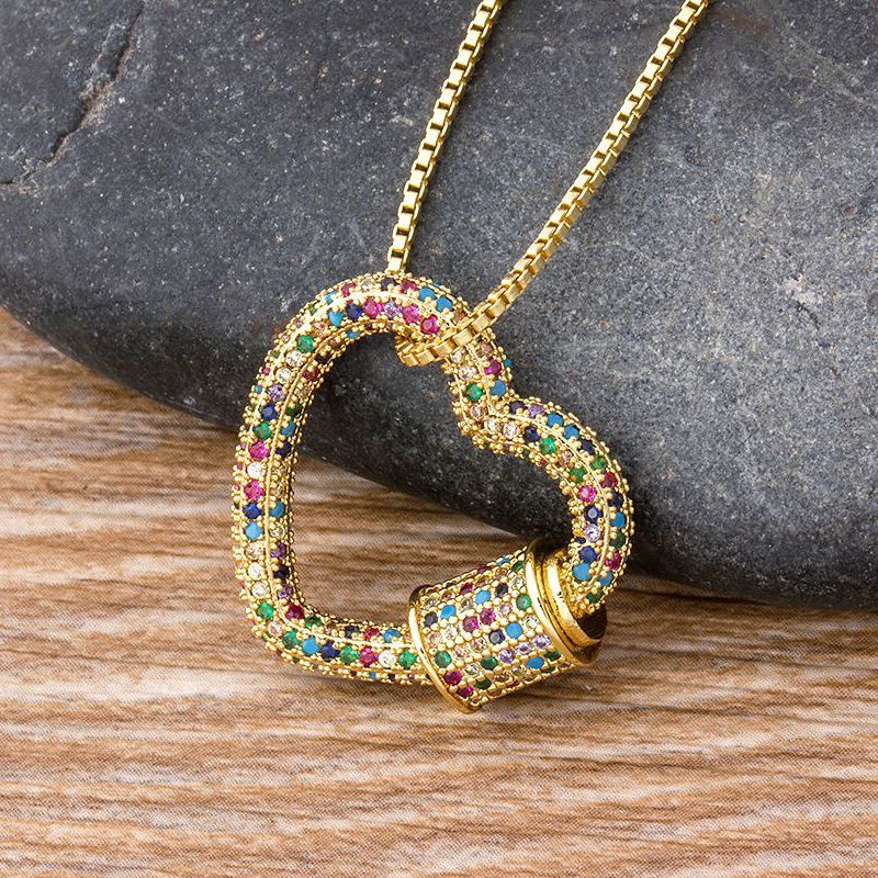 

Classic Rainbow CZ Micro Carabiner Pave Lock Heart Shaped Copper Zirconia Clasp Necklace Jewelry Gift For Women Men, Silver
