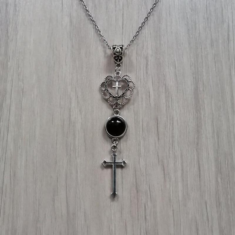 

Pendant Necklaces Goth Gothic Black Onyx Stone Cross Heart Necklace Gift For Women Friends Fashion Jewelry Wholesale