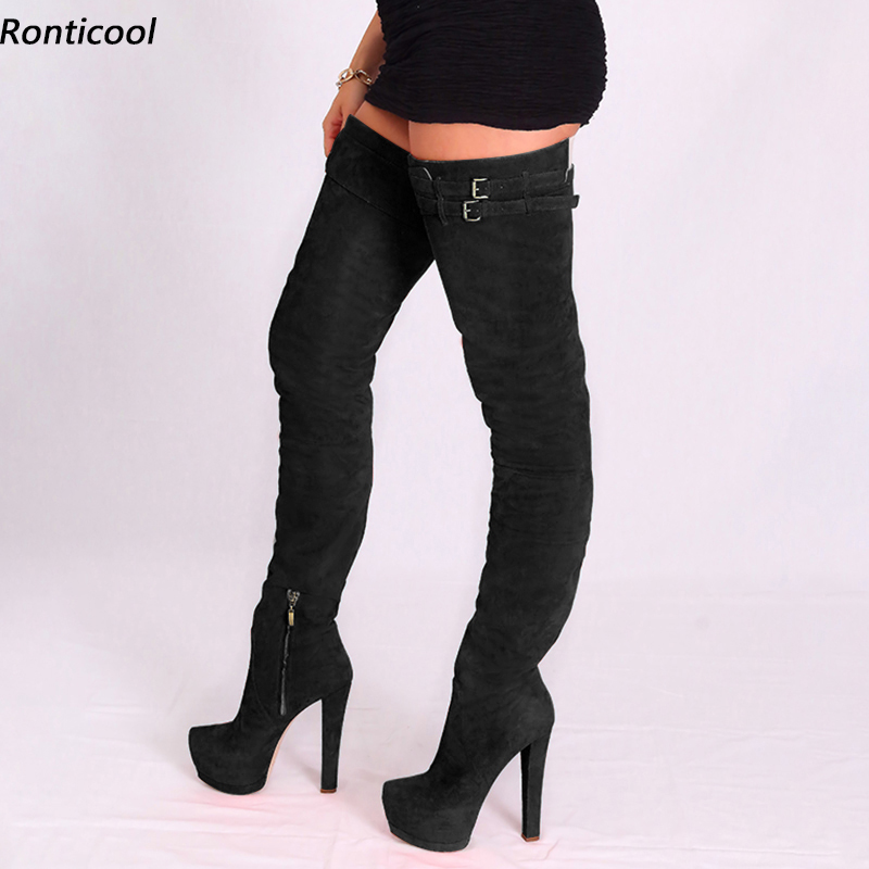 

Rontic New Arrival Women Winter Platform Thigh Boots Flock Square High Heels Round Toe Black Blue Party Shoes Us Size -20