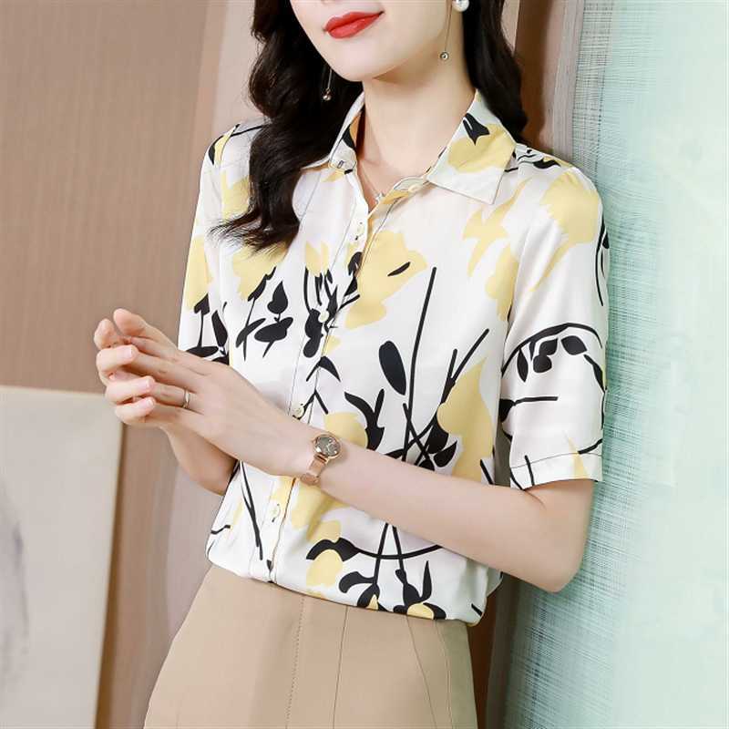 

Silk shirt summer style Polo-Neck blouse short sleeves Patchwork shirt Office Lady womans tops and Shirts 210604, White