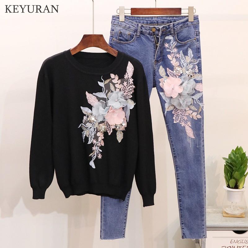 

Women' Two Piece Pants Autumn 2021 Woman' Embroidered Sequins Flowers Knitted Sweaters Blouses + Jeans Suit Women Two-piece Lady Denim Set, White