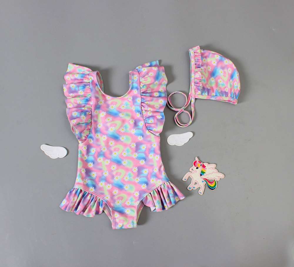 

Children's suit Korean children's one piece middle and small tie dye Daisy baby girls' swimsuit, Black