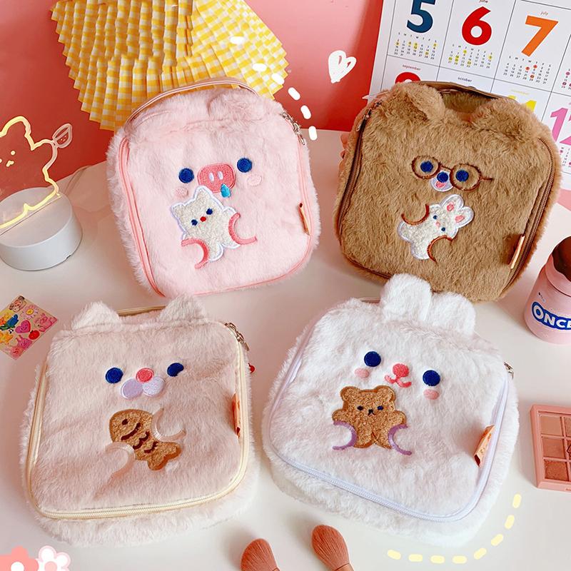 

Kawaii Women Makeup Bags Cute Girl Cosmetic Bag Plush Fluffy Cartoon Large Capacity Female Handbag Organizer Birthday Gift & Cases