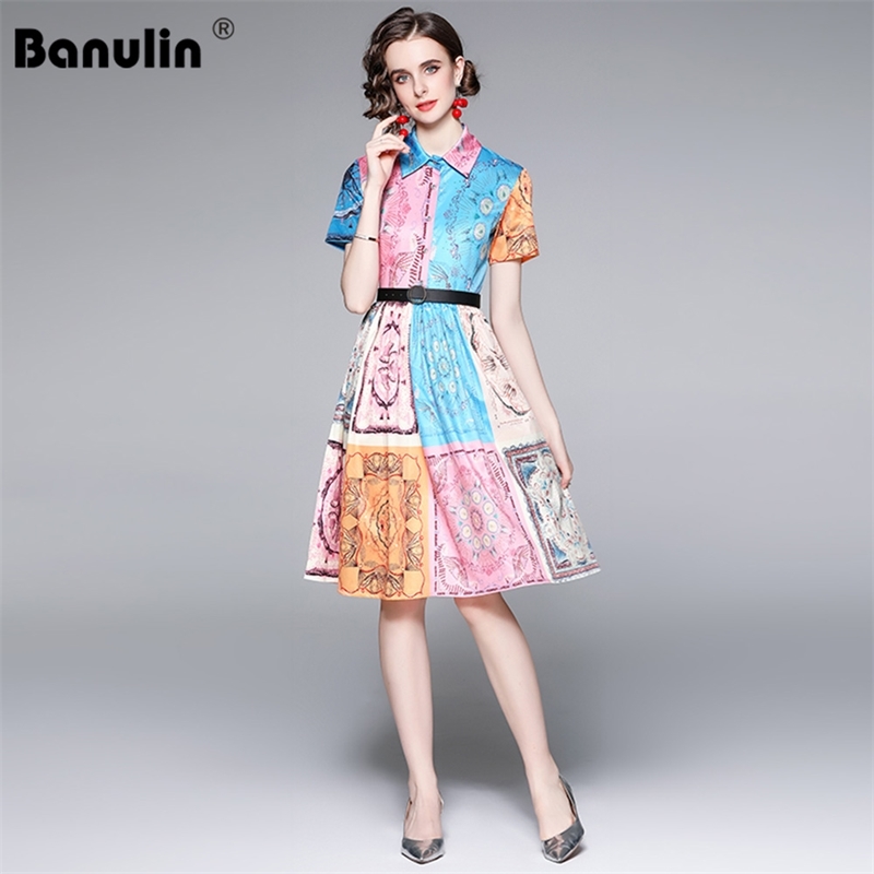 

Banulin Designer Runway Short Sleeve Midi Dresses For Women Turn Down Neck Elegant Vintage Printed Shirt Dress N61372 210603, Mixed color