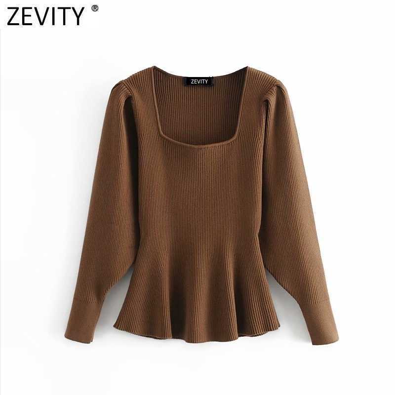 

Zevity Women Vintage Square Collar Solid Hem Ruffles Knitting Sweater Female Pleat Puff Sleeve Chic Pullovers Slimming Tops S548 210603, Hh s548h