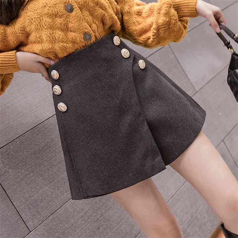 

Winter high-waist all-match design sense Irregular split splits slimming casual wide-leg pants women' short hakama 210520, Khaki