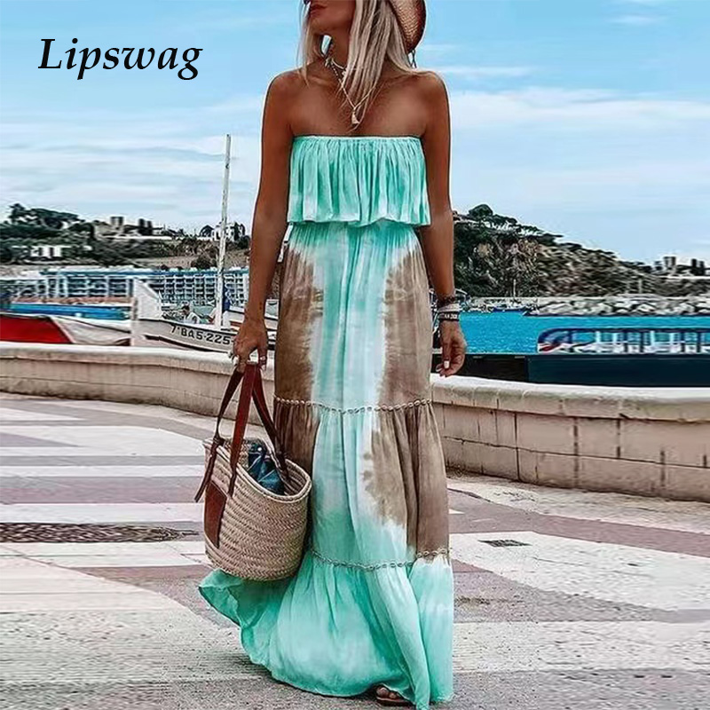 

women elegant off shoulder ruffle party dress casual vintage tie-dye beach long dress fashion lady strapless dress vestidoshigh quality, Black;gray