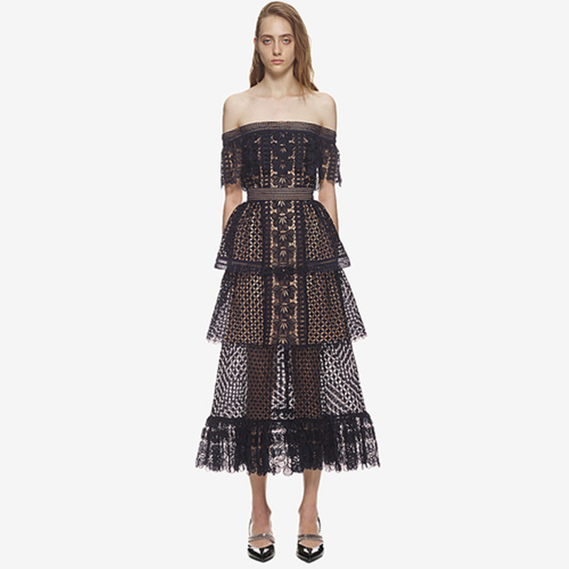 

ZAWFL Women Long Maxi dress Sexy cutout Slash Neck Off the shoulder Ruffle Black Dress Femal Self Portrait Vestidos 210525, Picture color