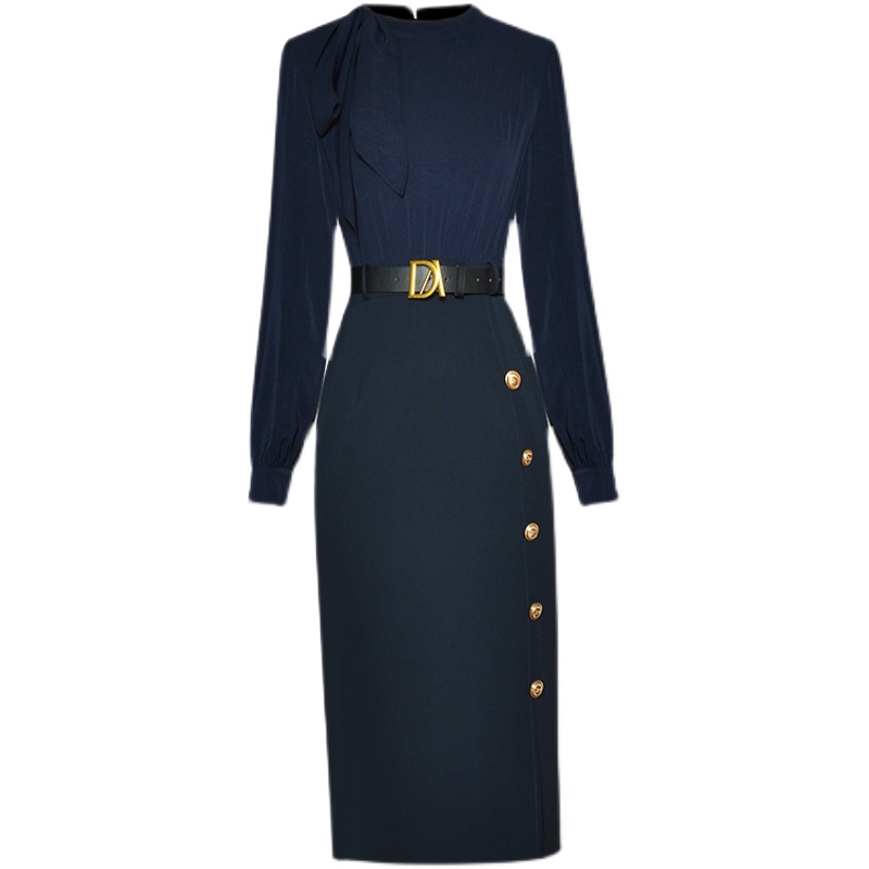 

round Neck Bowknot Decorative Long-Sleeved Lace-up Waist Sheath Button Split Business Dress 2021 Autumn New, Dark blue