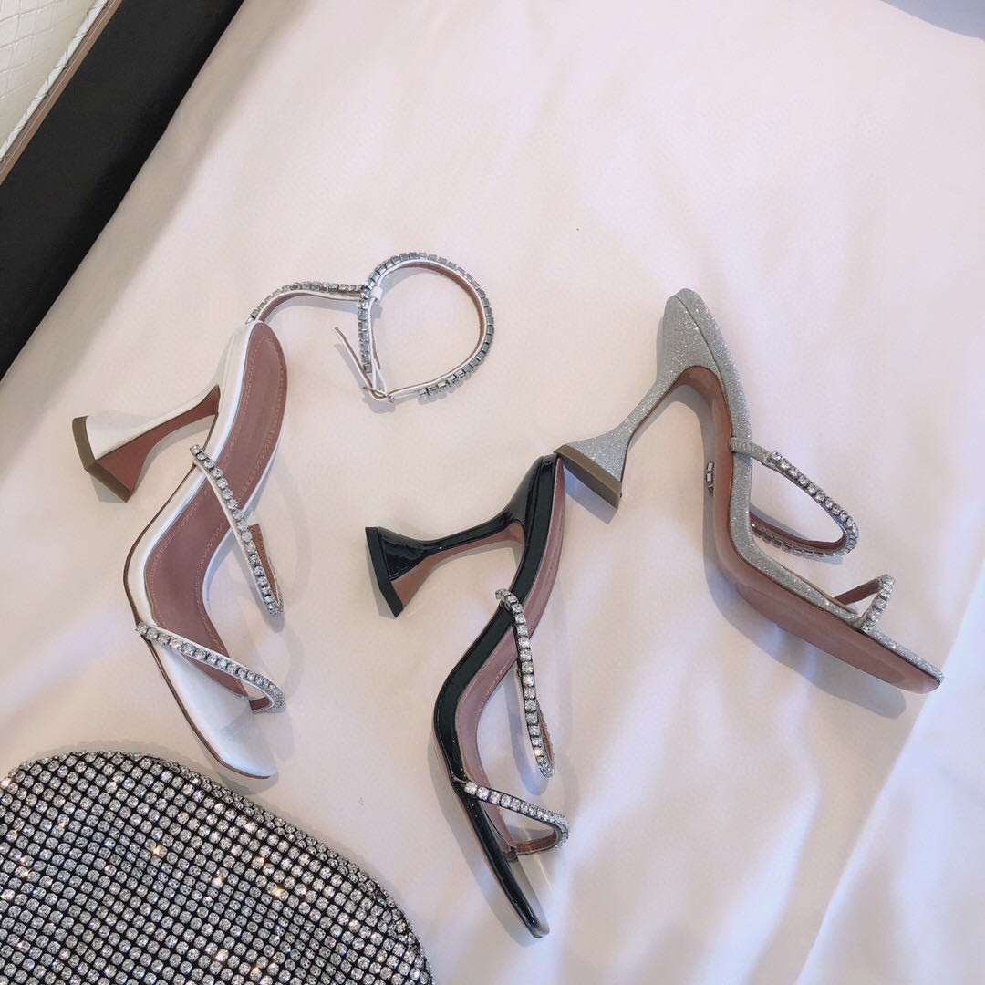 

2021 diamond square head wine glass heel sandals web celebrity versatile stiletto heels for women, Black