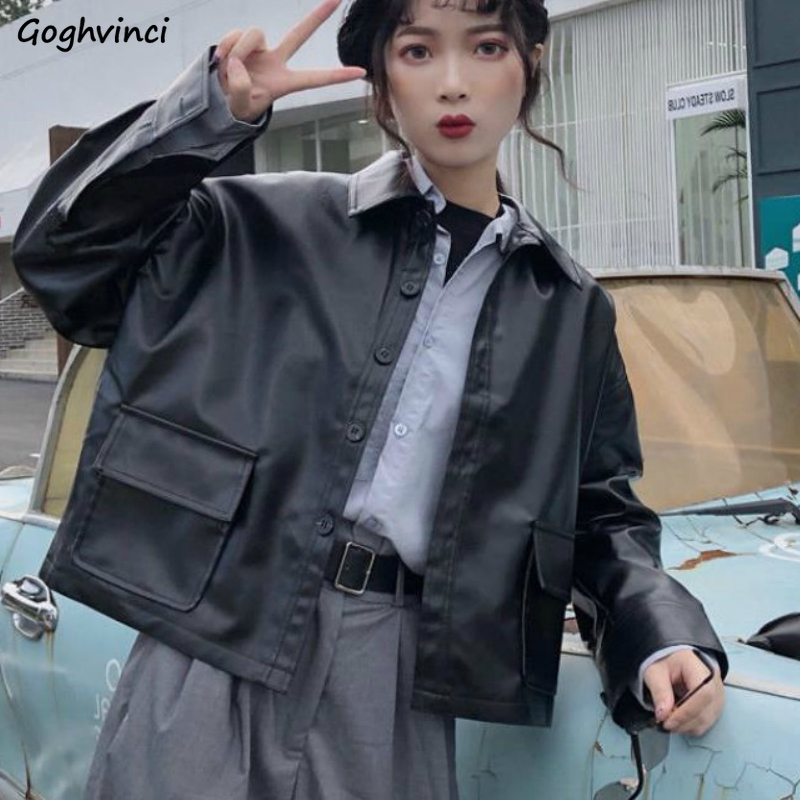 

Jackets Women Turn-down Collar Pockets Short Solid PU Leather Chic Coats Womens Korean Style High Street All-match BF Retro New, Black