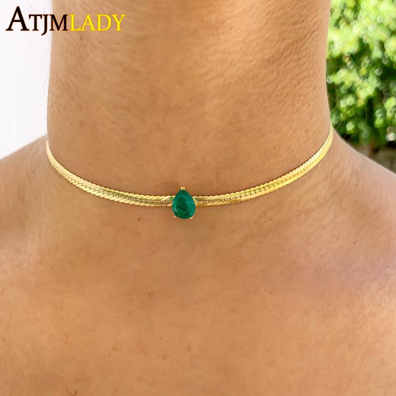 

Chains Drop 32+10cm Herringbone Chain Choker Water Green CZ Paved Gold Color Fashion Women Necklace 2021, Silver