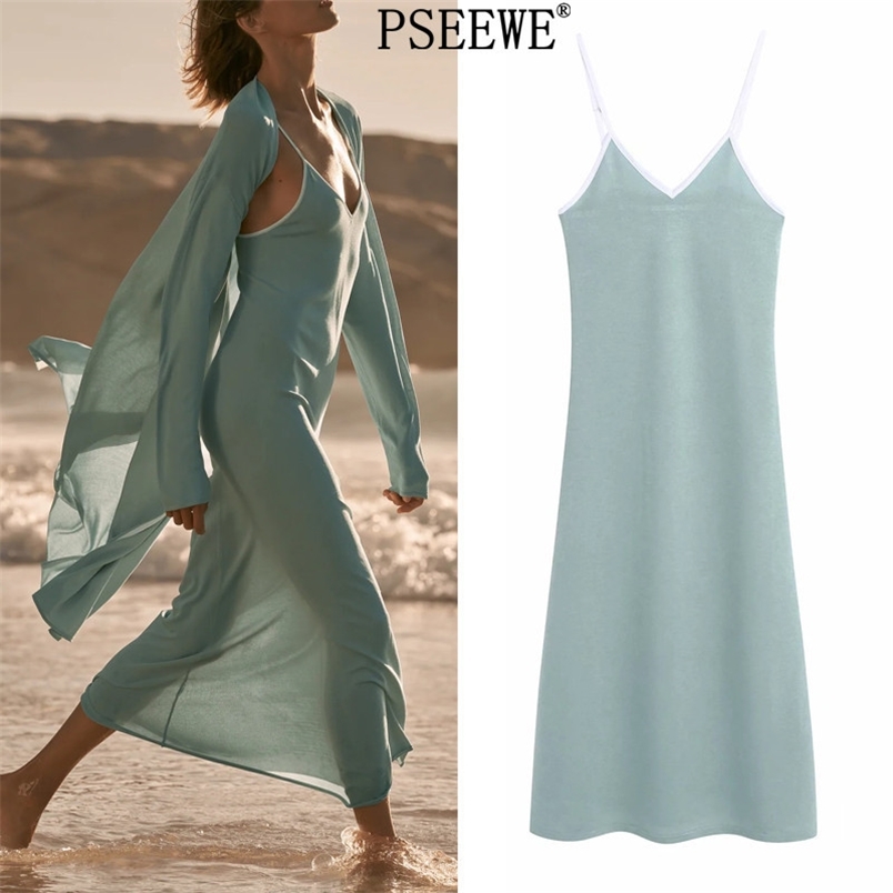 

Knitted Slip Long Dress Women Summer Backless Sexy Woman es Fashion Holiday V Neck Spaghetti Strap 210519, Light green