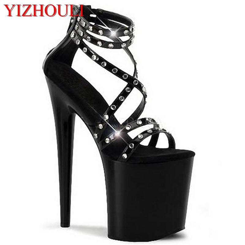

Cm High Heel Waterproof Big Yards Roman Hollow Out Sandals Unique Fashion Runway Rivets Shoes, Black