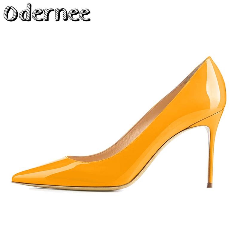 

Dress Shoes ODERNEE Women's Patent Leather Pumps Pointed Toe Classic 10cm Light High Heels Party Wedding Lady Big Size US 4-14, Black
