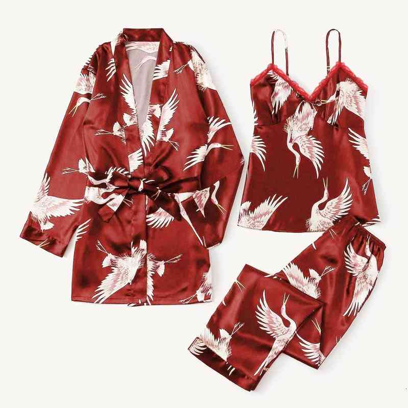 

Women Pajamas Satin Silk Kimono Robe Set Crane Print Sleepwear Casual Home Clothes Nightgown Sexy Underwear Homewear 3pc Pyjama, Black;red