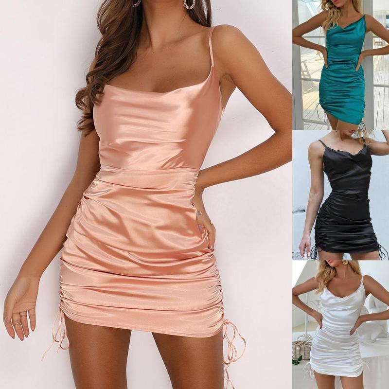 

Casual Dresses Summer Women Bodycon Dress Sexy Slim Sleeveless Backless Short Drawstring Low Cut Sling Pleated Strap For Dati, Black;gray