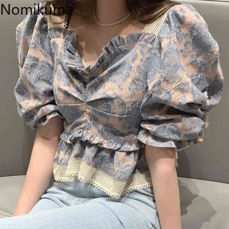 Nomikuma Jacquard Lace Patchwork Blouses Women Puff Sleeve V-neck Top Shirt Summer New Korean Chic Short Blusas Mujer 6H130 210427