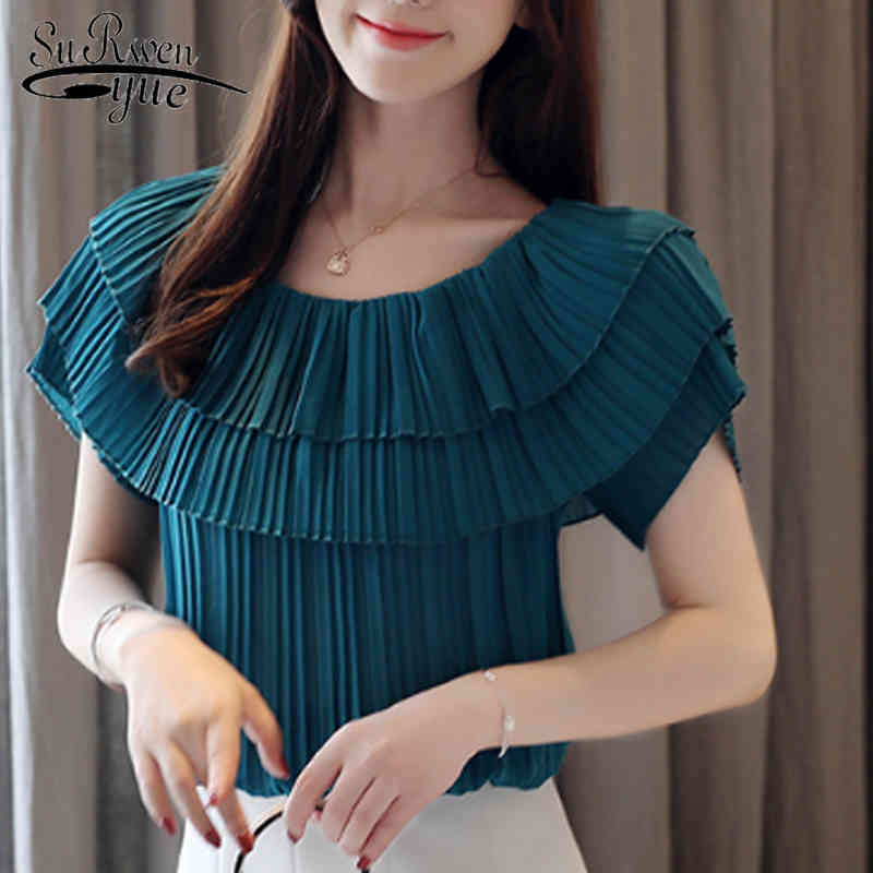 

Korean Wrinkled ruffle women tops Fashion Short Sleeve Blouse Female Summer slash neck chiffon blouse 4636 50 210521, Lake blue