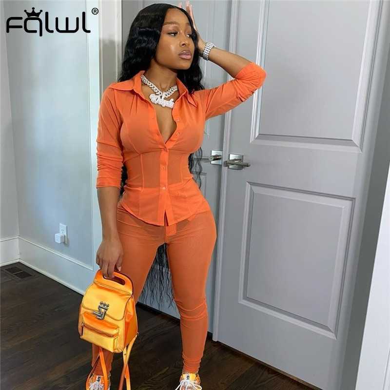 

FQLWL See Through Sexy Club Neon 2 Two Piece Set Women Outfits Long Sleeve Bodycon Mesh Shirt Leggings Women Matching Sets 2020 T200826, Orange