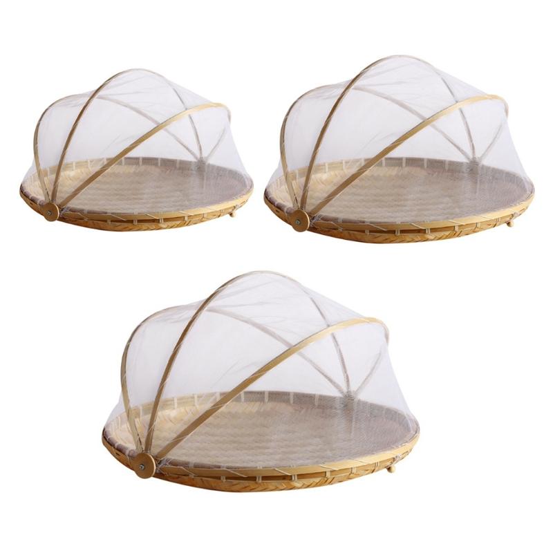 

Handmade Bamboo Woven Fruit Vegetable Basket With Mosquito Bug Proof Net Round Dustproof Wicker Picnic Tray Bread Storage Baskets