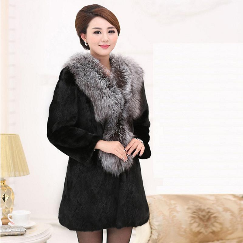 

Women's Fur & Faux S-6XL Fashion Female High Imitation Mink Furcoat Overcoat Silver Collar Women Winter Clothing, Black