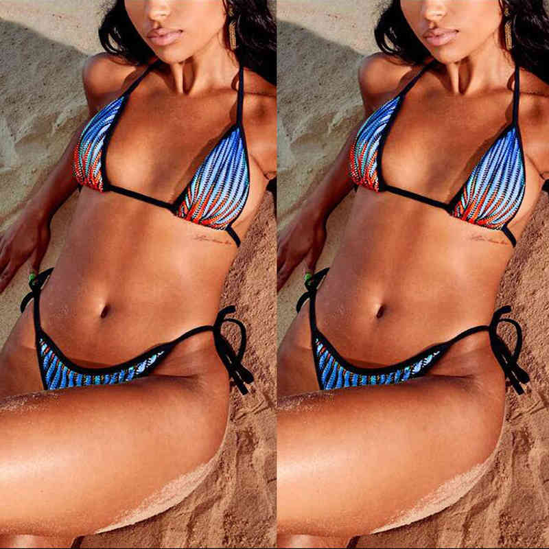 Sexy 2021 Stripe Bikini Gradient Printing Three-point Stretch Wrap Swimsuit-image-678531323