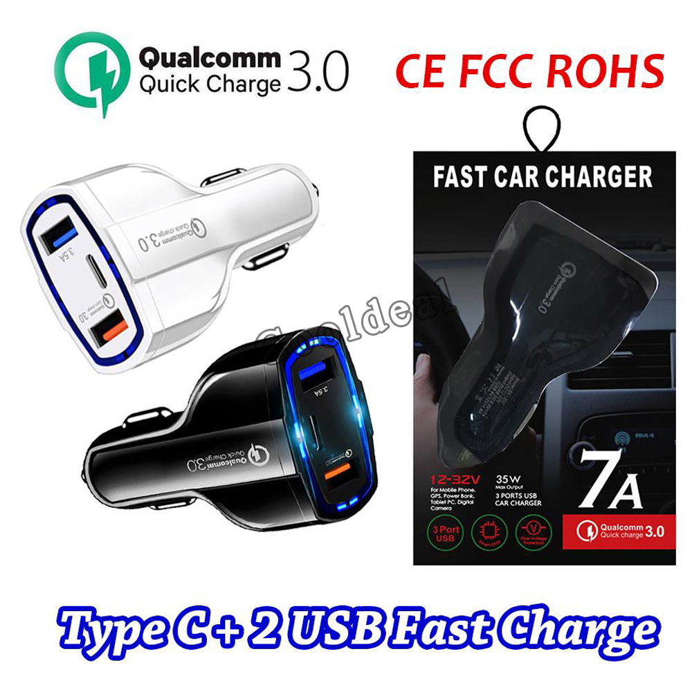 

USB C Car Charger Quick Charging type-C QC 3.0 Fast PD usbc Chargers Cars Phone Charge Adapter for iPhone Samsung With Retail Box 100PCS