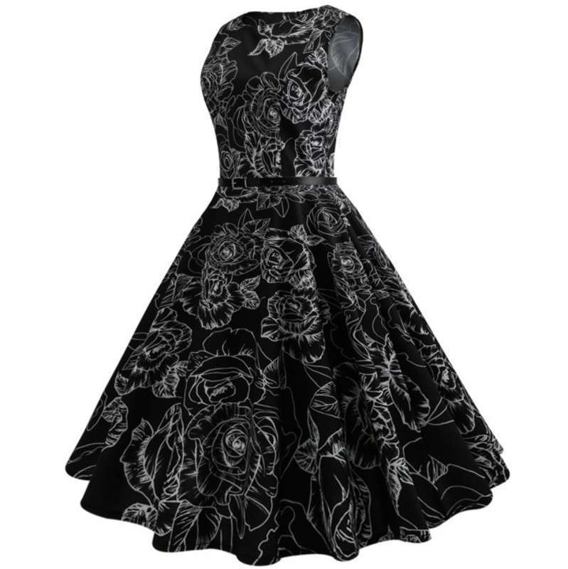 

Casual Dresses style Hepburn 50s waistband shows slim and big black dress with belt
