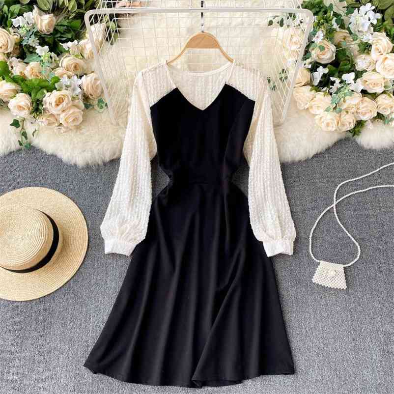 

Women Long Sleeve Hit Color Vintage Stitching Dress V-neck Slim Short Fashion Spring Summer 11B716 210525, Black
