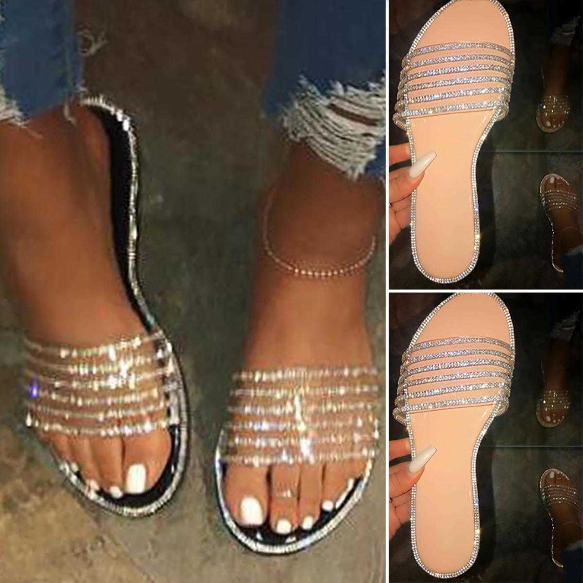 

Summer Flat Slip on Slippers Ladies Flops Rhinestones Sandals Ladies Flip Beach Shoes Y0721, Beige