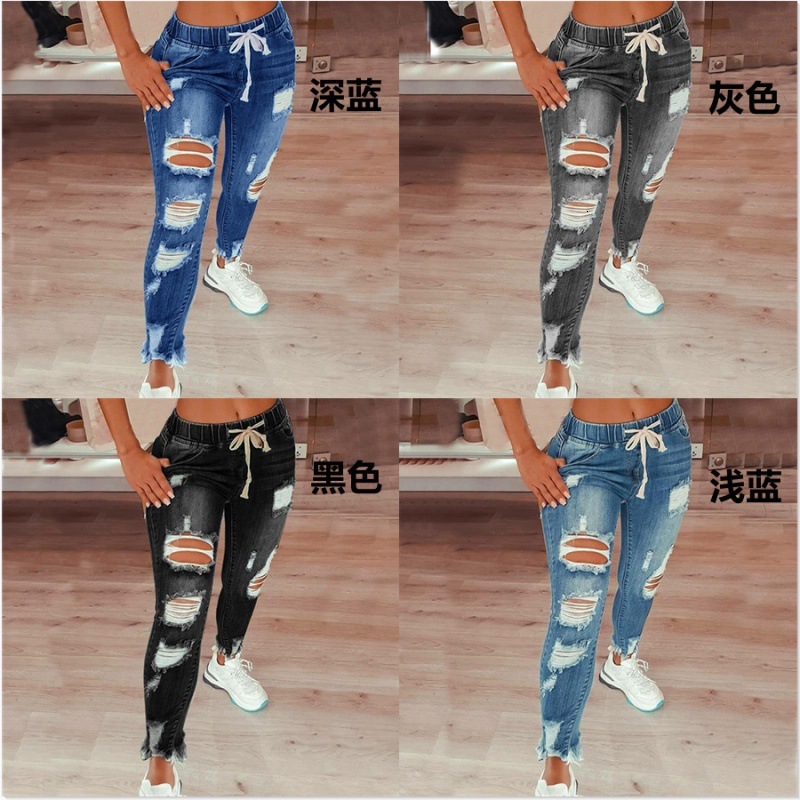 

jeans 2021 women's elastic waist middle lace up slim leggings holed, Blue