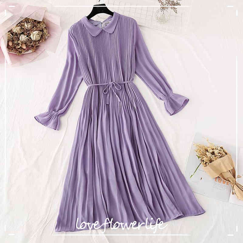 

Spring Ladies Chiffon Loose Printed Pleated Dress Women Casual Solid Color Vintage Long Sleeve Dress Elegant Ruffle Long Dress 210521, Flowers 1
