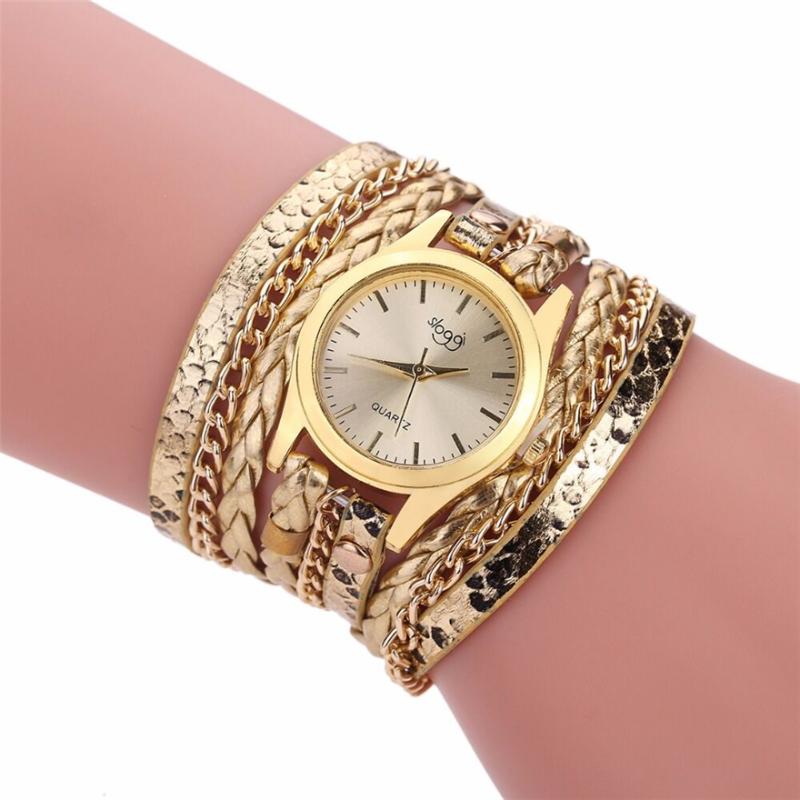 

Wristwatches Brand Quartz Watches Women Gold Geneva Bracelet Wristwatch Ladies Dress Woven Leopard Multi Layers Leather Strap Watch Fashion