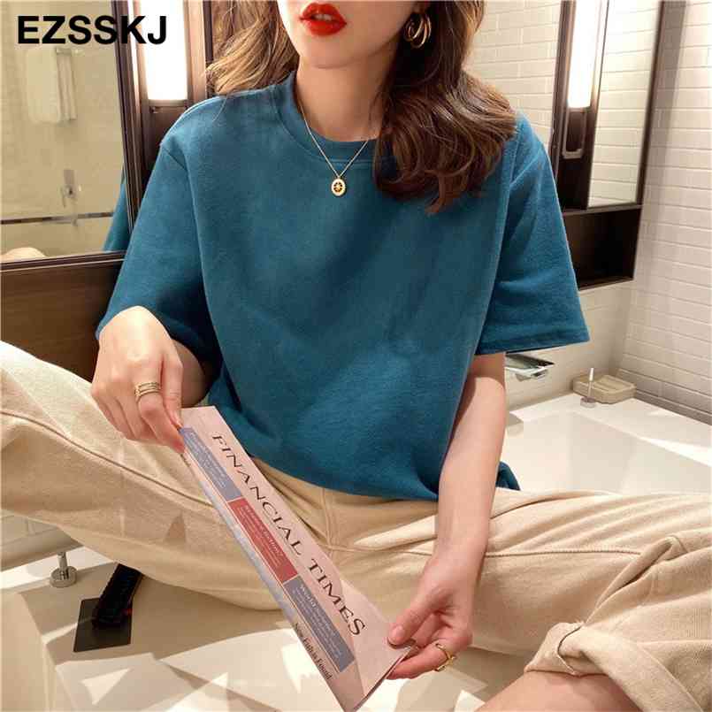 

high quality spring summer Women oversize T-shirt Casual Loose cotton short sleeve long big Female Basic Thick Tops 210708, Green