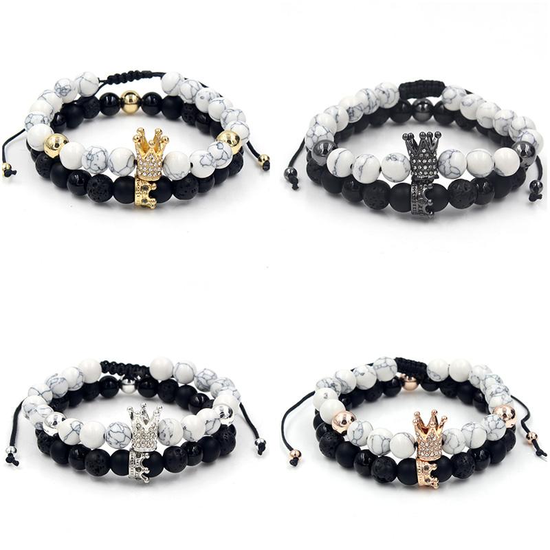 

Charm Bracelets 2PCS/Set Couple His Hers Lover Sets Women Men's Distance Black White Beads CZ Crown King Braiding Bracelet