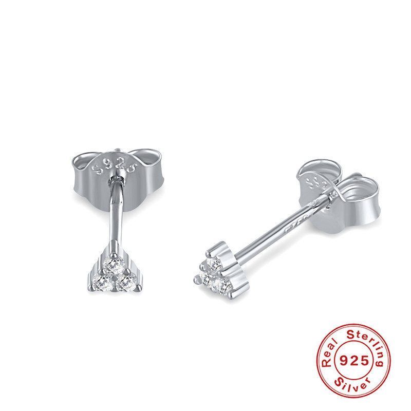 

100% 925 Sterling Silver Three Small CZ Zircons Stud Earrings for Women Wedding Party Birthday Gifts Cute Fine Jewelry