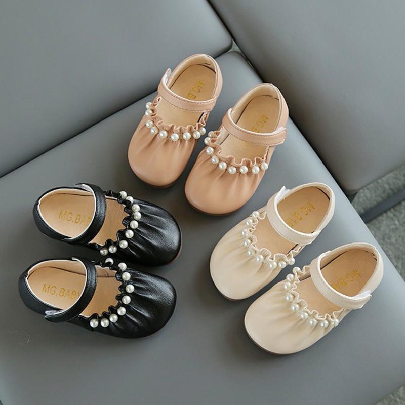 

Flat Shoes Girls Princess Pearls Mary Janes For Baby Kids Leather String Bead Children Party Dance Shoe Non-slip Toddlers, Beige