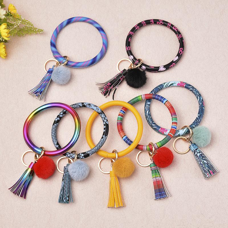 

Keychains Plush PU Leather Key Ring Bracelet HandmadeTassel Pendant Keyring Accessories