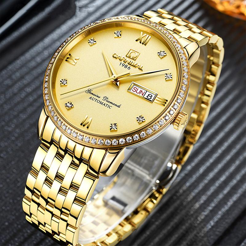 

Wristwatches CARNIVAL Fashion Business Watch Gold Face Diamond Men's Dual Calendar Stainless Steel Waterproof Automatic Mechanical