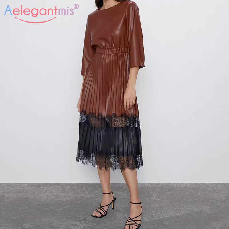 

Aelegantmis Vintage Faux Leather Dress Women Patchwork Lace Long Pu Dresses Three Quarter High Quality Elegant Vestidos Mujer 210607, As shown