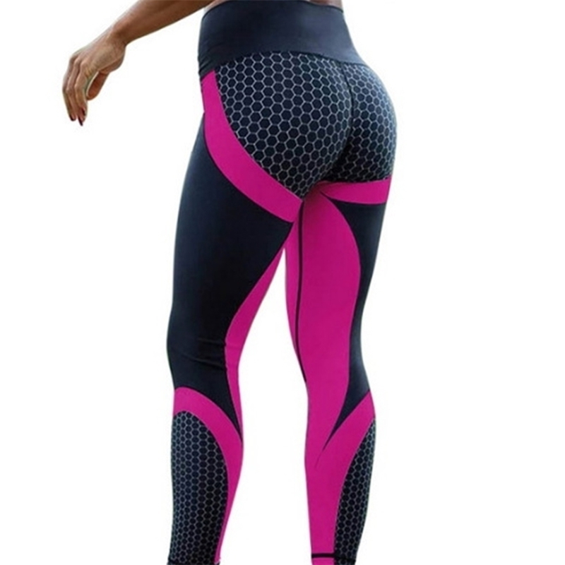 

Geometric Honeycomb Printing Leggings Sports Fitness Pants Elastic Waist Women Gym Workout High Stretch Patchwork Leggins Mujer 210604, Purple
