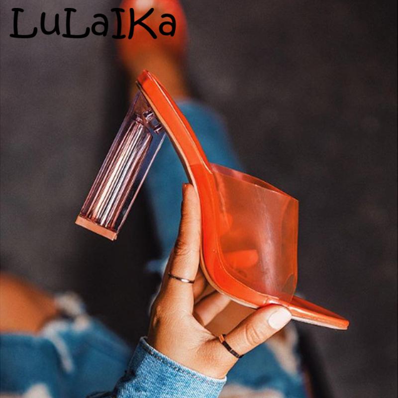 

Slippers LuLaIKa 2021 Summer Ladies Fashion Outer Wear Round Head Comfortable Open Toe Casual Wild Crystal High-heeled Slippers9-12cm, Orange