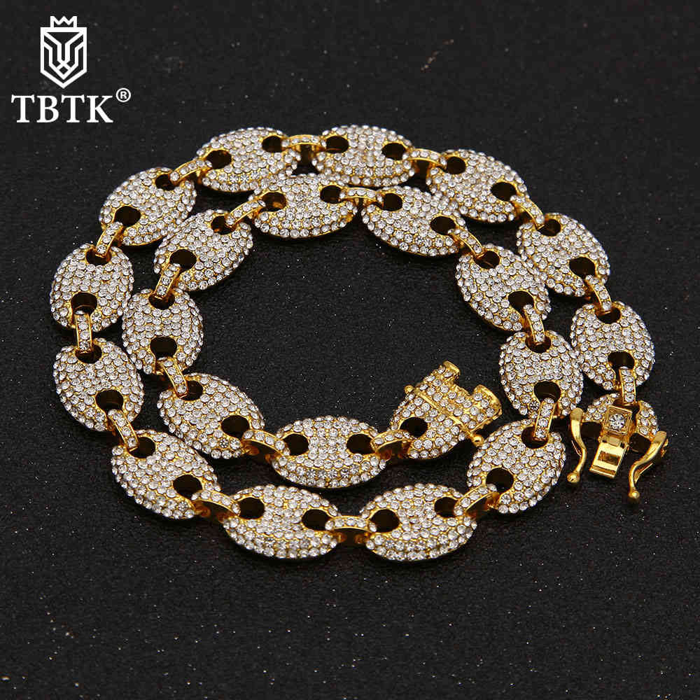 

TBTK 13MM Trendy Iced Out Rhinestones Zinc Alloy Hiphop Coffe Bean Punk Necklace Fashion Men Women Charm Jewelry X0509