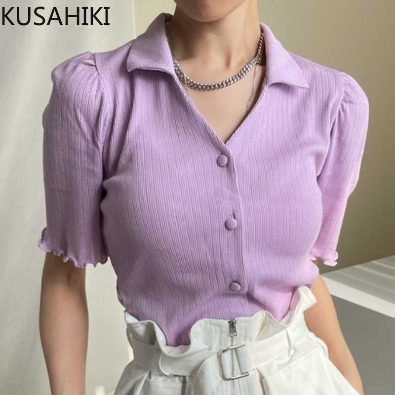 

KUSAHIKI Ruffled Tops Korean Slim Short Sleeve V-neck Graphic Tees Women Summer Single Breasted Cardigan Shirt 6J473 210602, Light purple