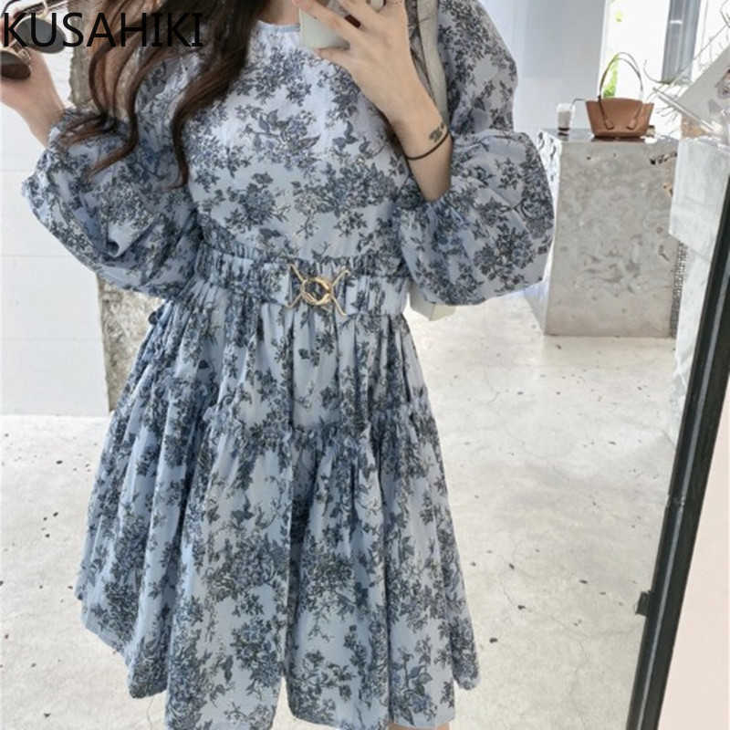 

Korean Printing Women Dress Causal Puff Sleeve O-neck Dresses Spring Belt Slim Waist A-line Vestidos Femme 6F214 210603, Photo color
