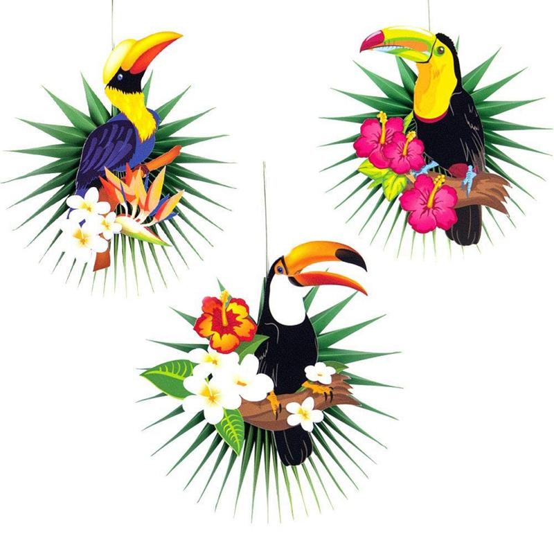 

Party Decoration 3Pcs DIY Tropical Bird Toucan Palm Leaves Paper Fans Centerpiece Wall Hanging Decorations Hawaiian Supplies