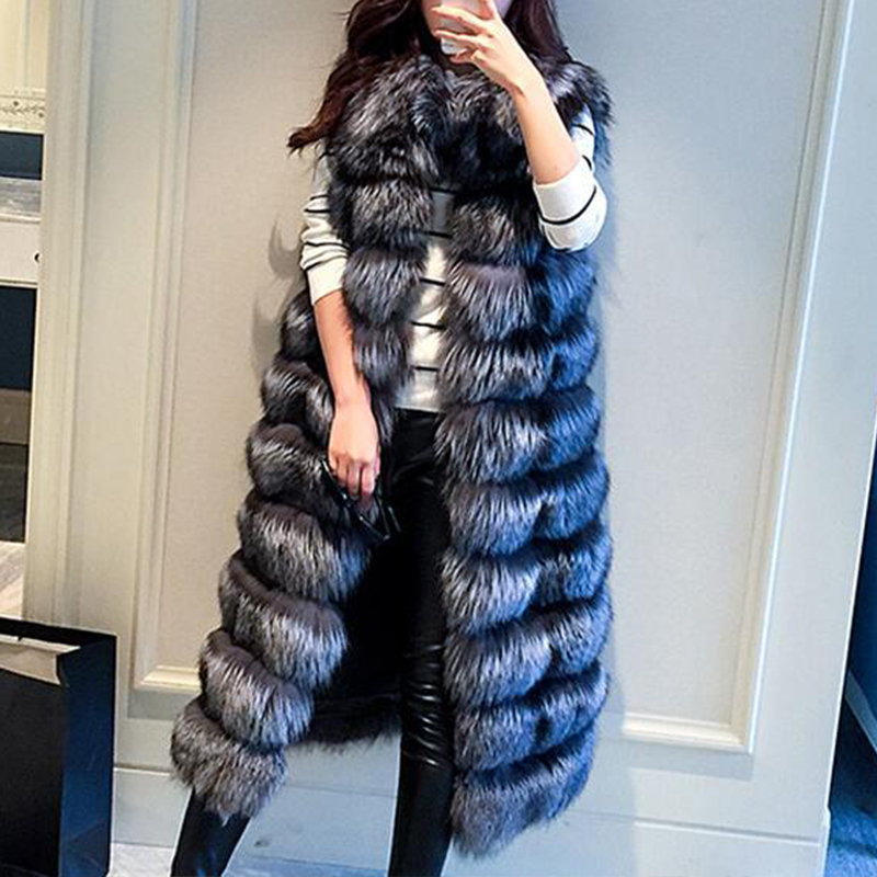 

Spring and Autumn New Style European and American Artificial Fur 10 Section Mid-length Faux Fox Fur Vest Slim Waistcoat, Black