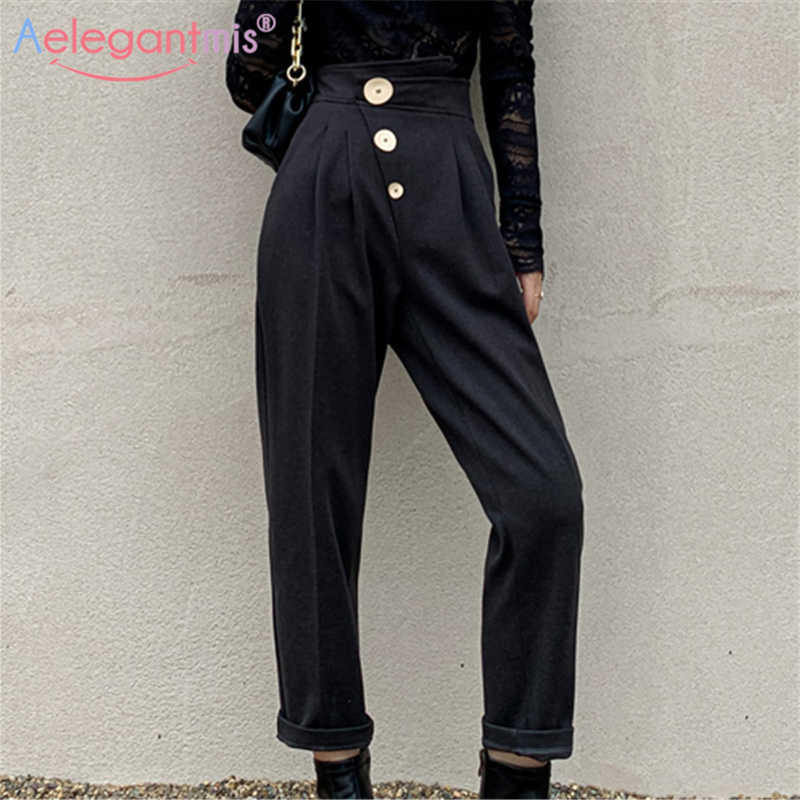 

Aelegantmis Button Design High Waist Harem Pants Women Slim Vintage Female Stylish Black Trousers Korean Retro Streetwear 210607, Dark grey
