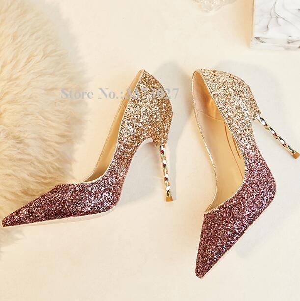 

Dress Shoes Bling Gradient Color Metal Heel Wedding Woman Luxury Pointed Toe Thin High Heels Pumps Single, 10cm heel